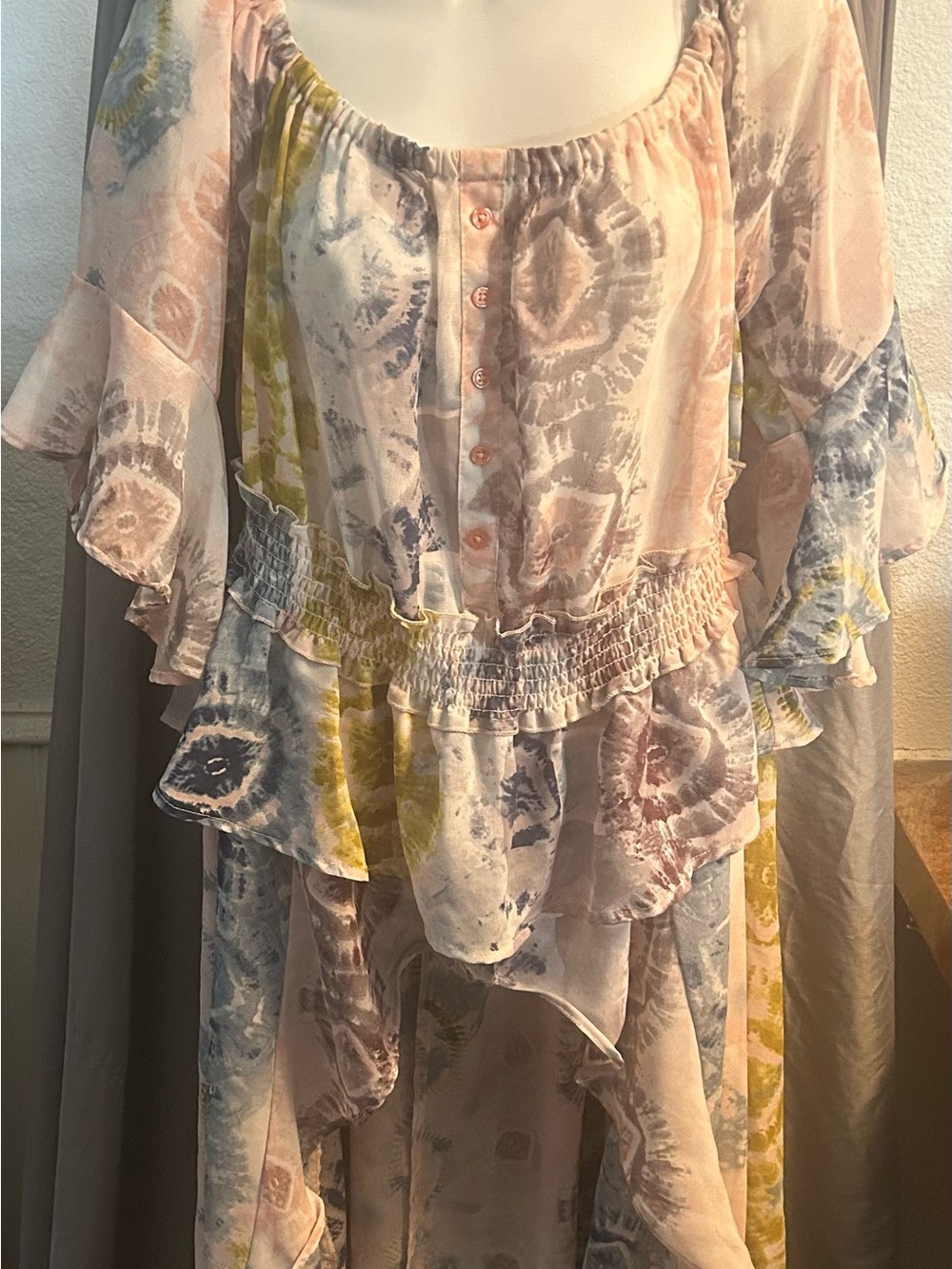 Pastel Tie-Dye High-Low Ruffle Dress - Smocked Waist